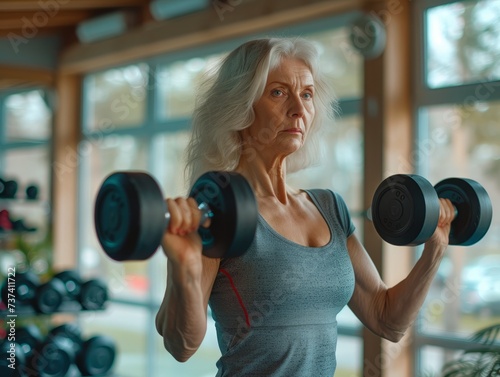 Elderly woman exercises with dumbbells at gym, showcasing fitness, strength, healthy lifestyle, active seniors, determination, and wellness in a modern gym environment.