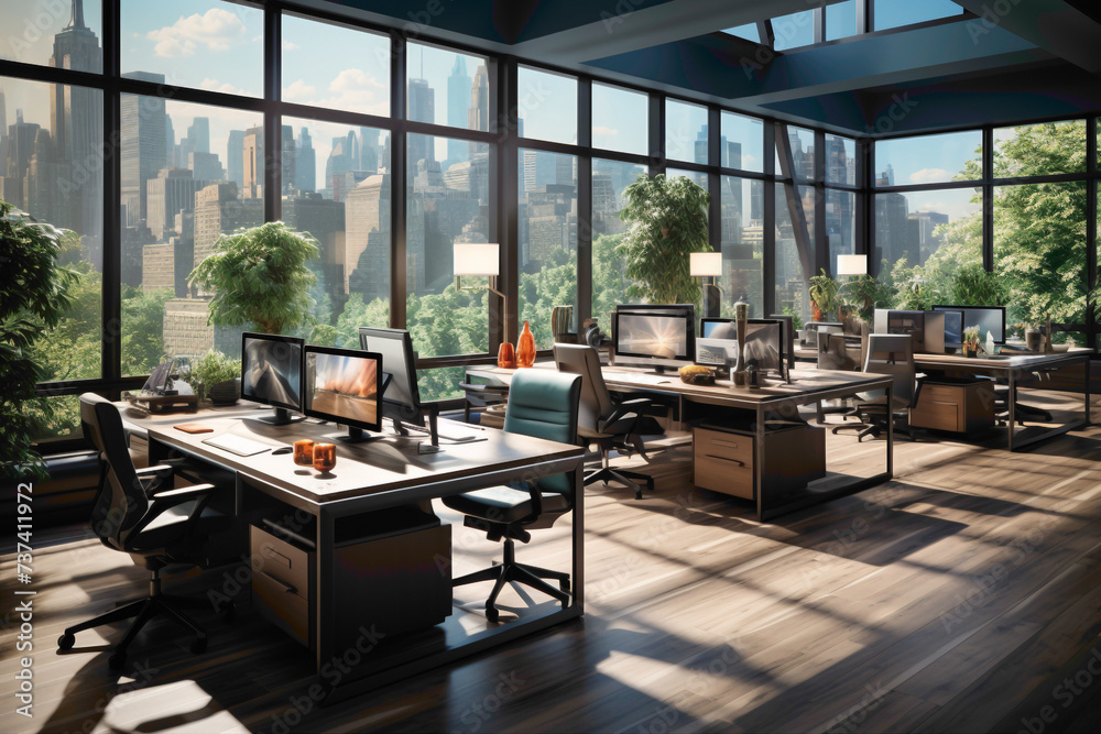Visualize the organized chaos of a bustling office, featuring modern workstations, collaborative spaces, and an energizing atmosphere for a productive workday.