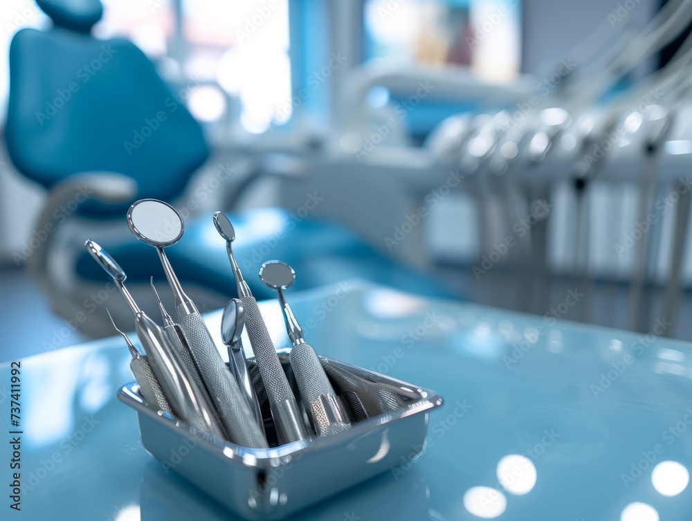 photo of shiny dental instruments lying inside a square chrome-plated container. photo of shiny dental instruments lying inside a square chrome-plated container.