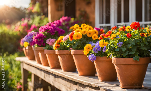 Wallpaper Mural An array of terracotta flowerpots cradling an assortment of colorful flowers, captured with a shallow depth of field Torontodigital.ca