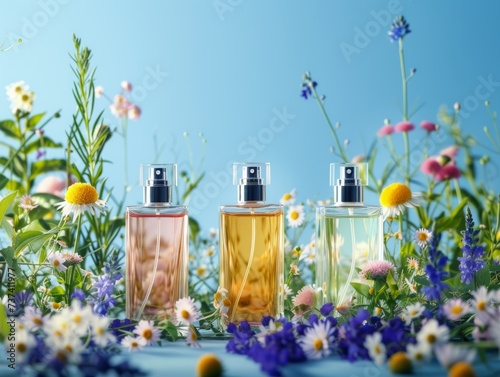 photo three perfume bottles with flowers on blue background