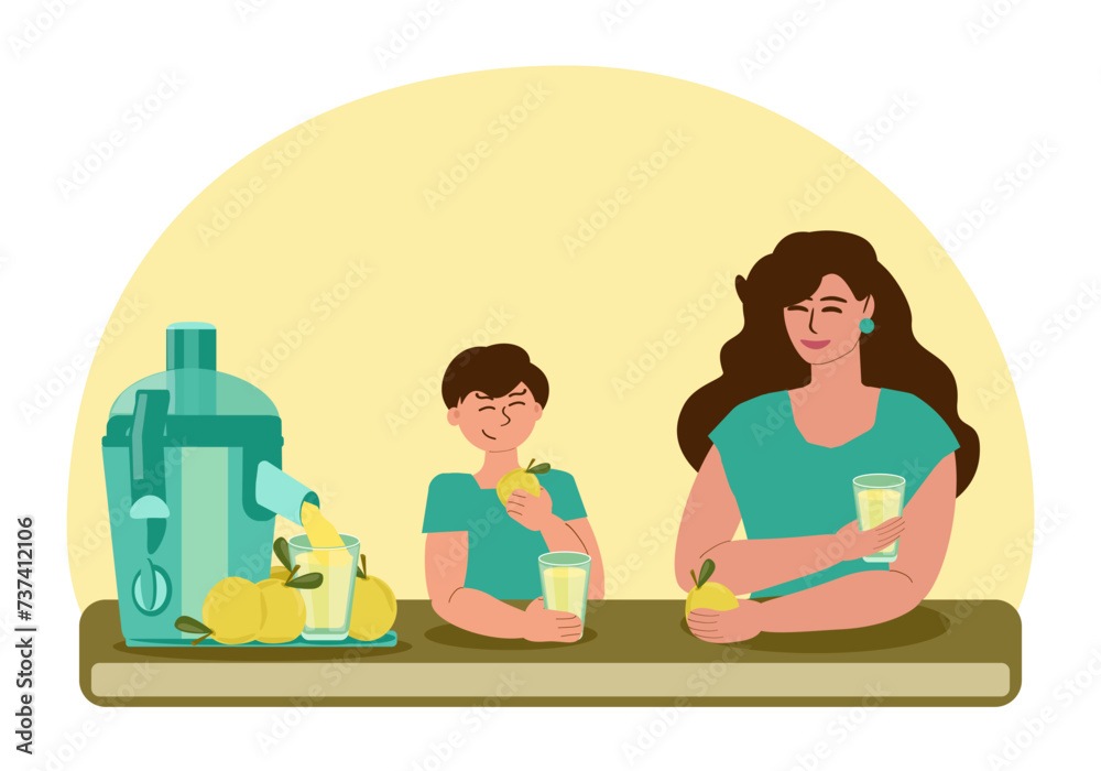 Mom and son are in a good mood drinking freshly squeezed pear juice and eating fruit together. There is an electric juicer on the table. Useful and healthy food, family leisure. Vector illustration