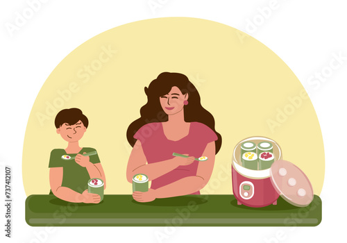 Mom and son eat homemade fruit yogurt together in a good mood. There is an electric yogurt maker with the finished product on the table. Useful and healthy food  family at breakfast. Vector 