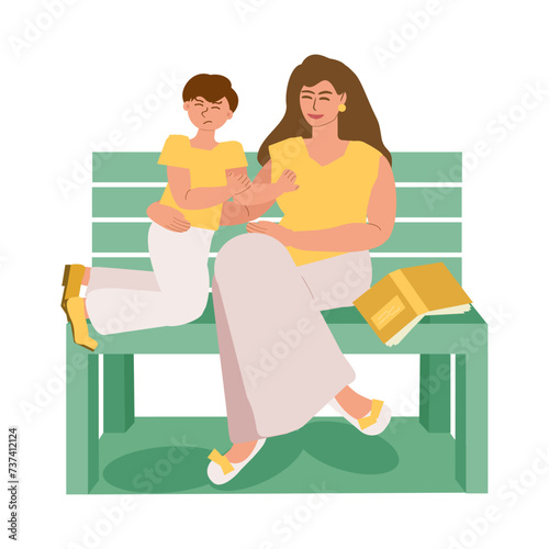 Mom tries to hug her son with autism. The child does not look at his mother and tries to move away. Mental disorders, problems of social interaction and attachment. Vector illustration