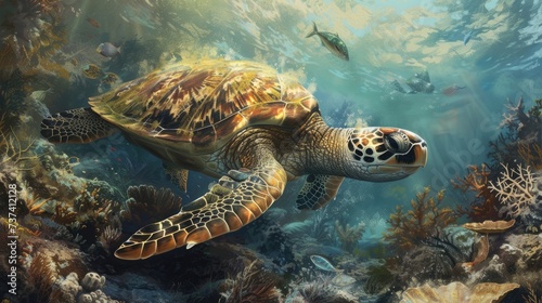 Cute adorable sea turtle animal on nature's soft lap. In its natural habitat. Generative AI © Dvid