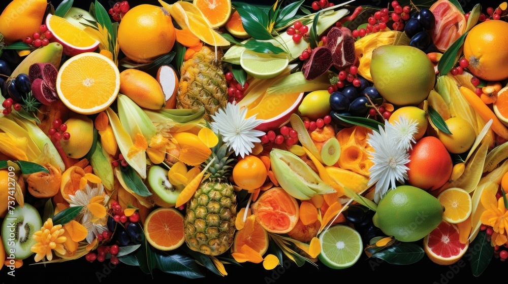 a close up of a bunch of fruit with oranges, apples, pineapples, and other fruits.