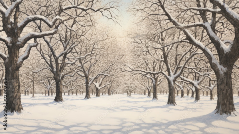 a painting of snow covered trees in a wooded area with a light dusting of snow on the ground and on the ground. a painting of snow covered trees in a wooded area with a light dusting of snow on the ground and on the ground.