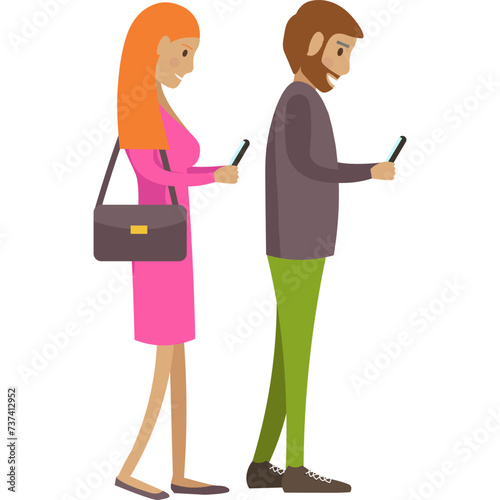 Man and woman using mobile phone standing in row vector icon isolated on white
