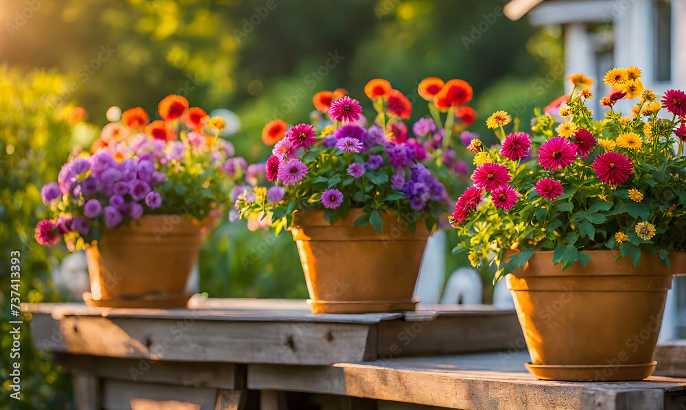 Obraz premium An array of terracotta flowerpots cradling an assortment of colorful flowers, captured with a shallow depth of field