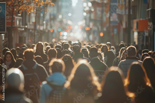 Large crowd of people walking in the street. Crowded city with pedestrians photo
