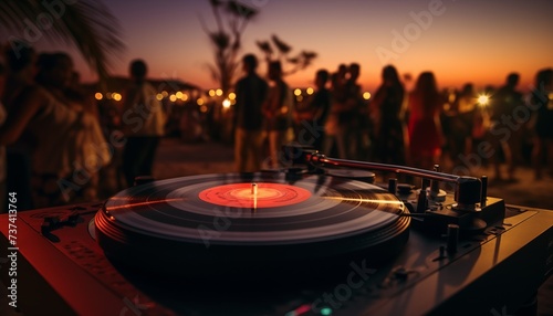 Tocadiscos en una fiesta en la playa al atardecer.