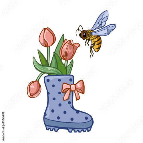 Garden boot with a bouquet of tulips in a flying wasp isolated on a white background.