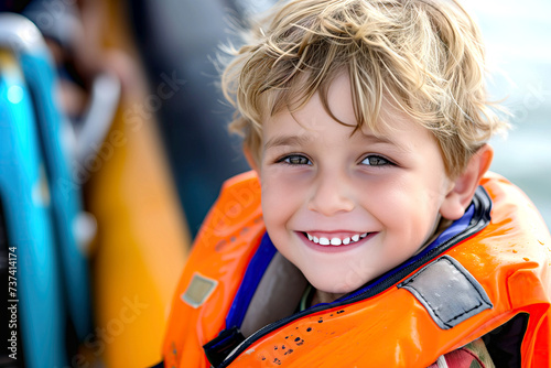 portrait of Happy Young Boy in Life Jacket Ready for Water Adventure © Renata Hamuda