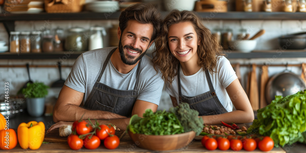 Young couple is cooking together, healthy lifestyle, fresh fruits and vegetables, rural kitchen, italian food - obrazy, fototapety, plakaty 