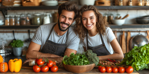 Young couple is cooking together, healthy lifestyle, fresh fruits and vegetables, rural kitchen, italian food photo