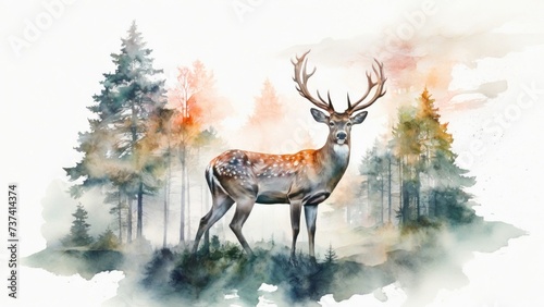 Deer and Forest. Watercolor on white background. generative, ai.