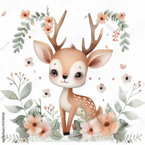Watercolor Fawn Amidst Floral Wreath