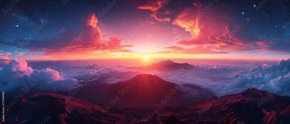 Panorama of Sunrise at volcano Bromo, Java island, Indonesia. Panoramic aerial view,generative ai