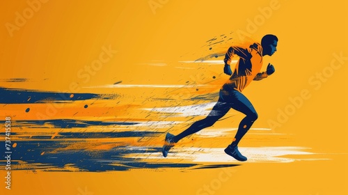Sprinting Athlete in Motion Against a Vivid Orange Background Captured in Dynamic Brush Stroke Style