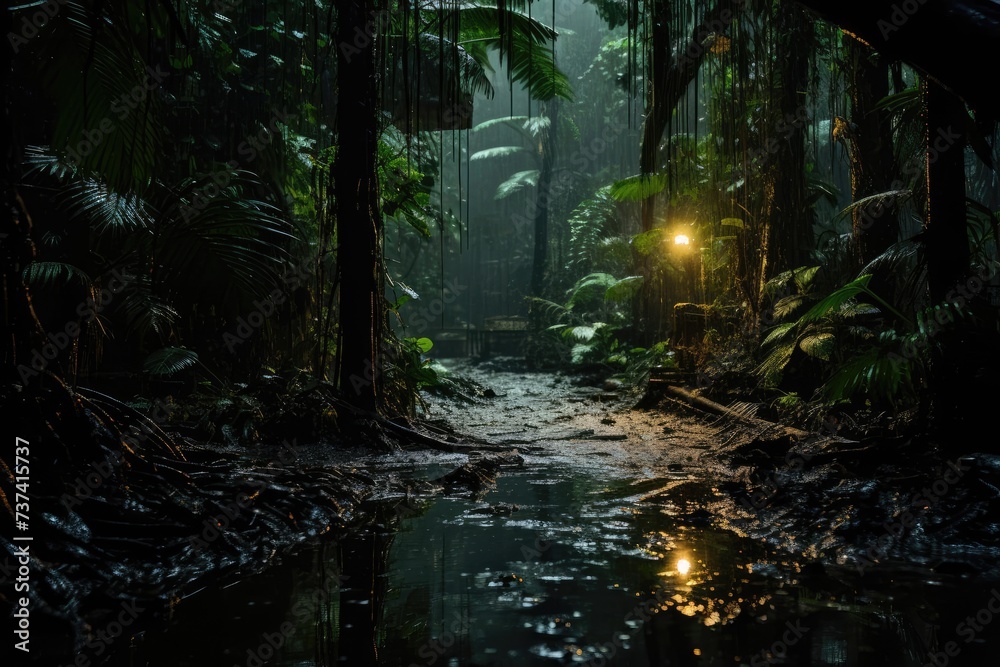 Obraz premium Southeast Asian rainforest with deep jungle, Exotic foggy forest. Jungle panorama, forest oasis. Foggy dark forest. Natural forest landscape, nature landscape wallpaper, nature hd background, nature