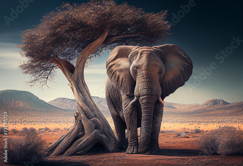 An elephant seeks shade beneath a solitary tree amidst the desert