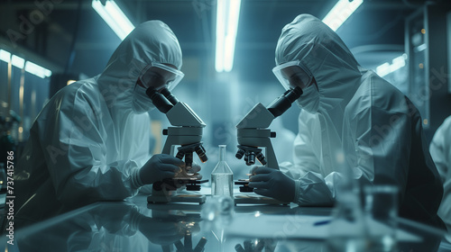 Two scientists examining specimens under microscopes in a lab photo