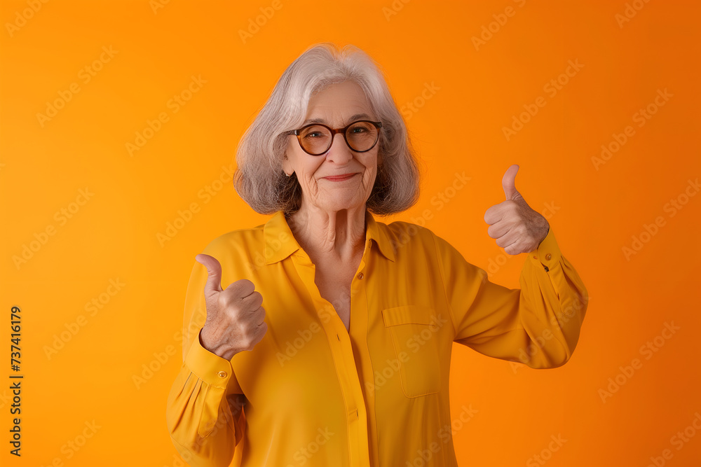 Fashionable elegant elderly lady showing thumbs up on yellow background