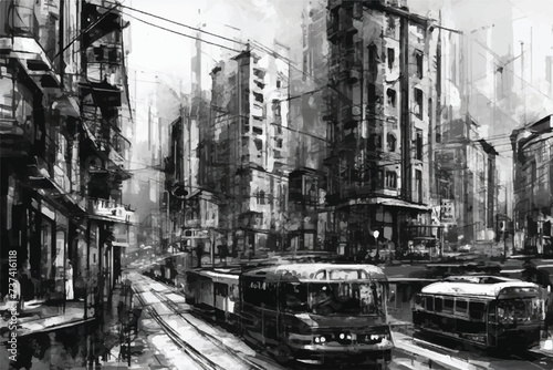 Sketch urban city illustration with cars in the foreground. A view of a city with buildings, cars and Streets. Scene street illustration. Illustration with architecture, Buildings and roads.           © Usama