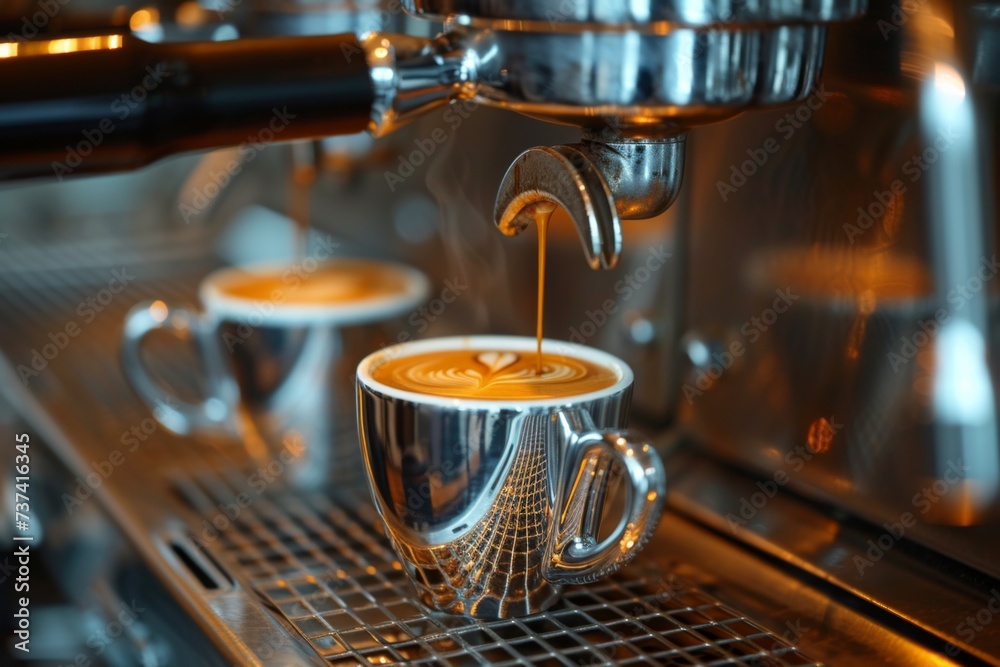 Espresso pouring from coffee machine at cafe Espresso pouring from coffee machine at cafe