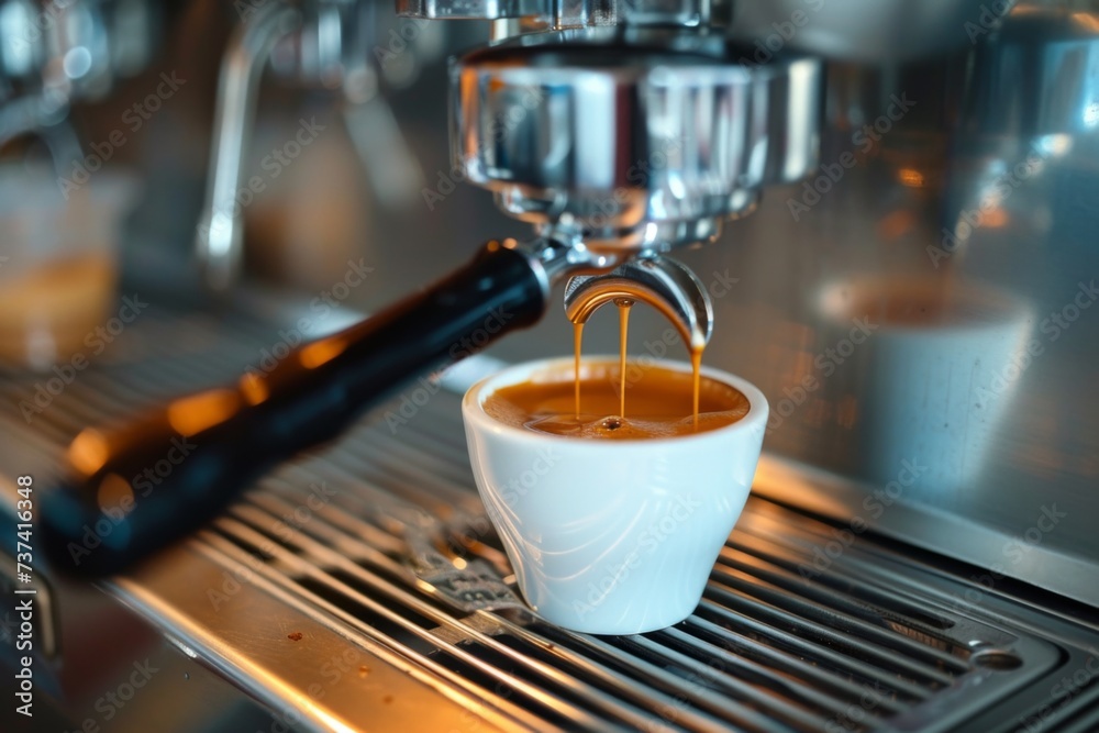 Espresso pouring from coffee machine at cafe Espresso pouring from coffee machine at cafe