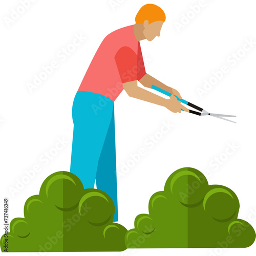Male gardener trimming bush branches vector icon isolated on white