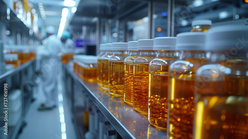 Row of amber glass bottles filled with liquid in laboratory shelf