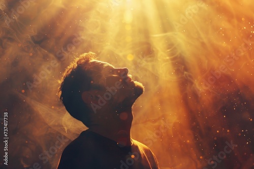 Young man praying in the smoke on the background of the rays of the sun. Worship.