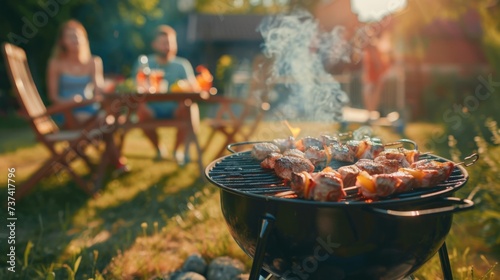 A couple cherishes the joys of summer in their garden, bonding over the sizzling meat on a kettle barbeque, creating cherished memories together photo