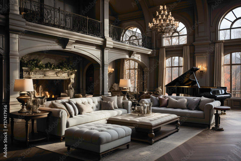 Experience luxury in every corner of this living room, with plush seating, ornate details, and a tasteful blend of textures creating a lavish retreat.