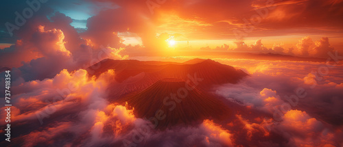 Panorama of Sunrise at volcano Bromo, Java island, Indonesia. Panoramic aerial view,generative ai © LomaPari2021