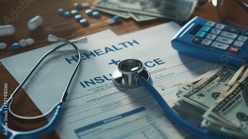 A close-up of medical expenses concept with a stethoscope, calculator, and US dollar bills on a medical billing statement, depicting the financial aspect of healthcare. photo