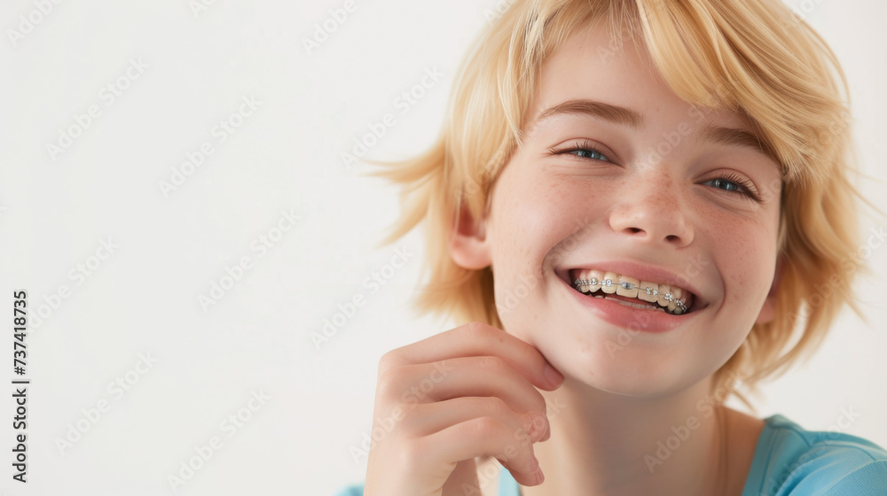 A joyous woman is laughing heartily, wearing a denim shirt and dental braces, showcasing a moment of pure happiness and exuberance. A joyous woman is laughing heartily, wearing a denim shirt and dental braces, showcasing a moment of pure happiness and exuberance.