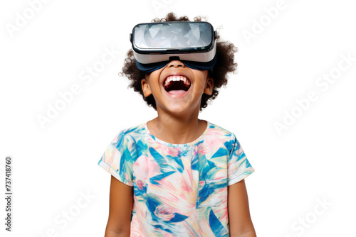 Portrait of young kid wearing VR glasses experience isolated on transparent background, virtual reality world, technology futuristic.