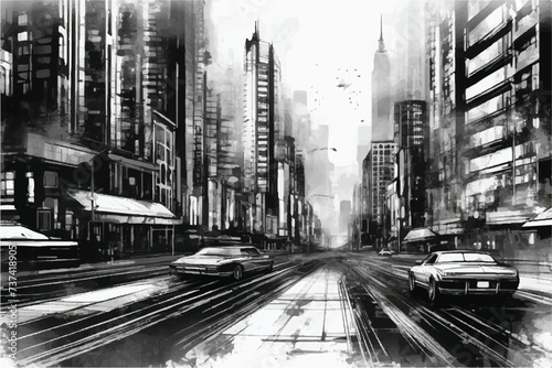 Sketch urban city illustration with cars in the foreground. A view of a city with buildings, cars and Streets. Scene street illustration. Illustration with architecture, Buildings and roads. 