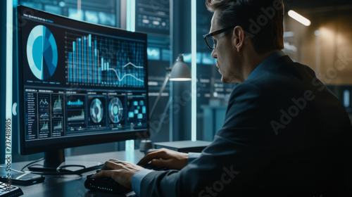 A professional woman is analyzing data on a computer monitor displaying various graphs and charts in an office environment during the evening.