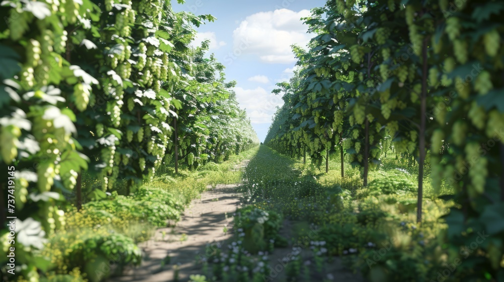 Background featuring a lush hop plantation with vibrant green vines and hops. 