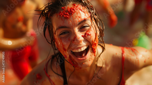 Happy girl joyfully participates in Spain's Tomatina festival, playfully throwing ripe tomatoes photo