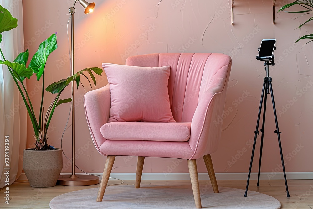 smartphone on a tripod is aimed at an elegant pink chair with a pillow ...