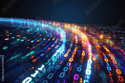 Neural network 3D illustration. Big data and cybersecurity. Data stream. Global database and artificial intelligence. Bright, colorful background with bokeh effect.