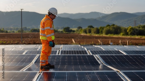 Worker in orange jacket working on solar panels, renewable energy concept, green energy background, template