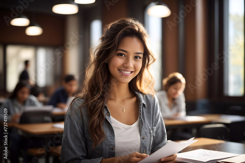 Pretty young woman in a classroom studying at university, happy, smiling college, high school female student holding notes, assignment, sitting at the desk. © Neitiry