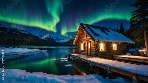 Night landscape scenery with aurora borealis and milky way over mountains and wooden house by the lake, background, wallpaper © Karlo