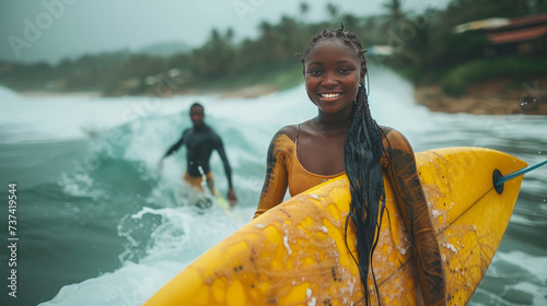 Confident African girl surfer holding her surfboard and walking into the ocean with waves in background in Sao Tome and Principe,generative ai © LomaPari2021