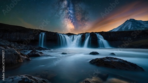 Night landscape scenery with milky way over waterfall and mountains, background, wallpaper